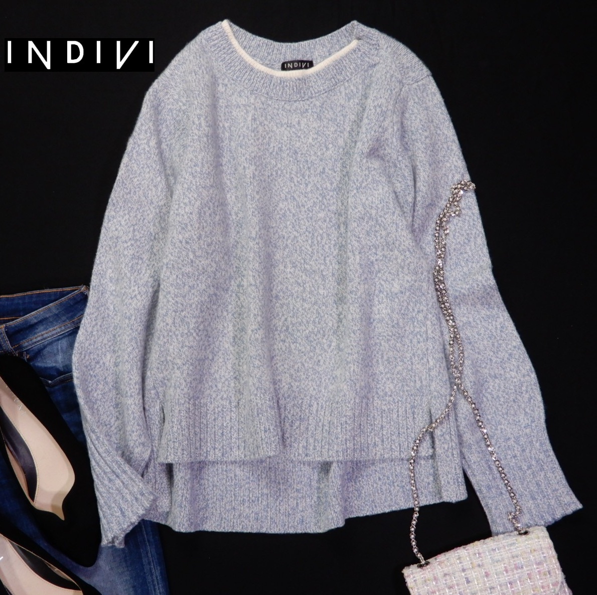 インディヴィ INDIVI 上質☆柔らか カシミヤ ウール レイヤード風デザイン ニット プルオーバー 38 M拍卖