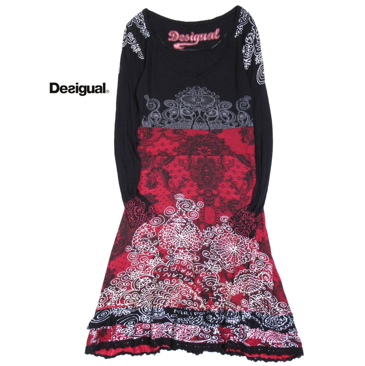 デシグアル Desigual 大人素敵スタイル☆ 総柄 プリント カットソー ワンピース L拍卖