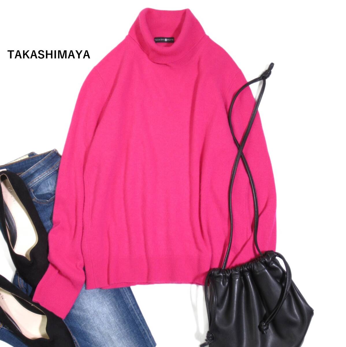 タカシマヤ 高島屋 大きいサイズ LL XL キレイ色☆カシミヤ ハイネック ニット プルオーバー セーター 拍卖