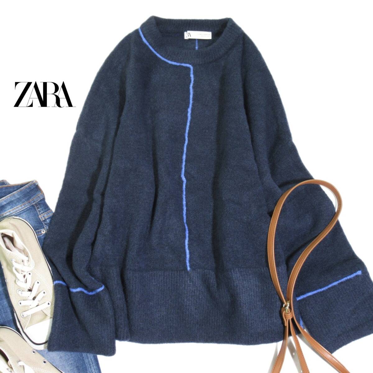 ザラ ZARA 大人可愛い☆ふっくらもっちり ラインデザイン ワイド ニット プルオーバー M拍卖