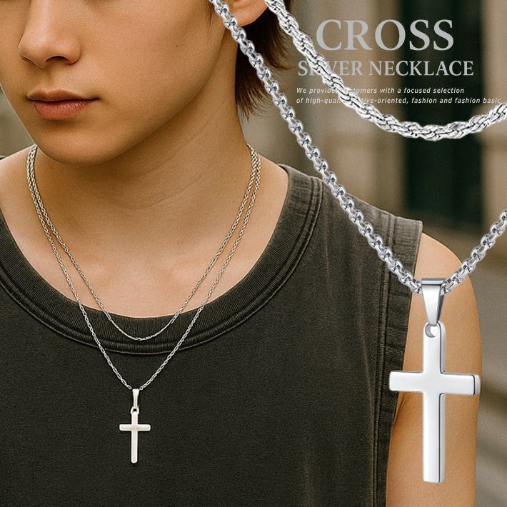 クロス ネックレス メンズ レディース ダブルチェーン仕様 十字架 2連 アクセサリー シンプル おしゃれ 7986670 シルバー 新品拍卖