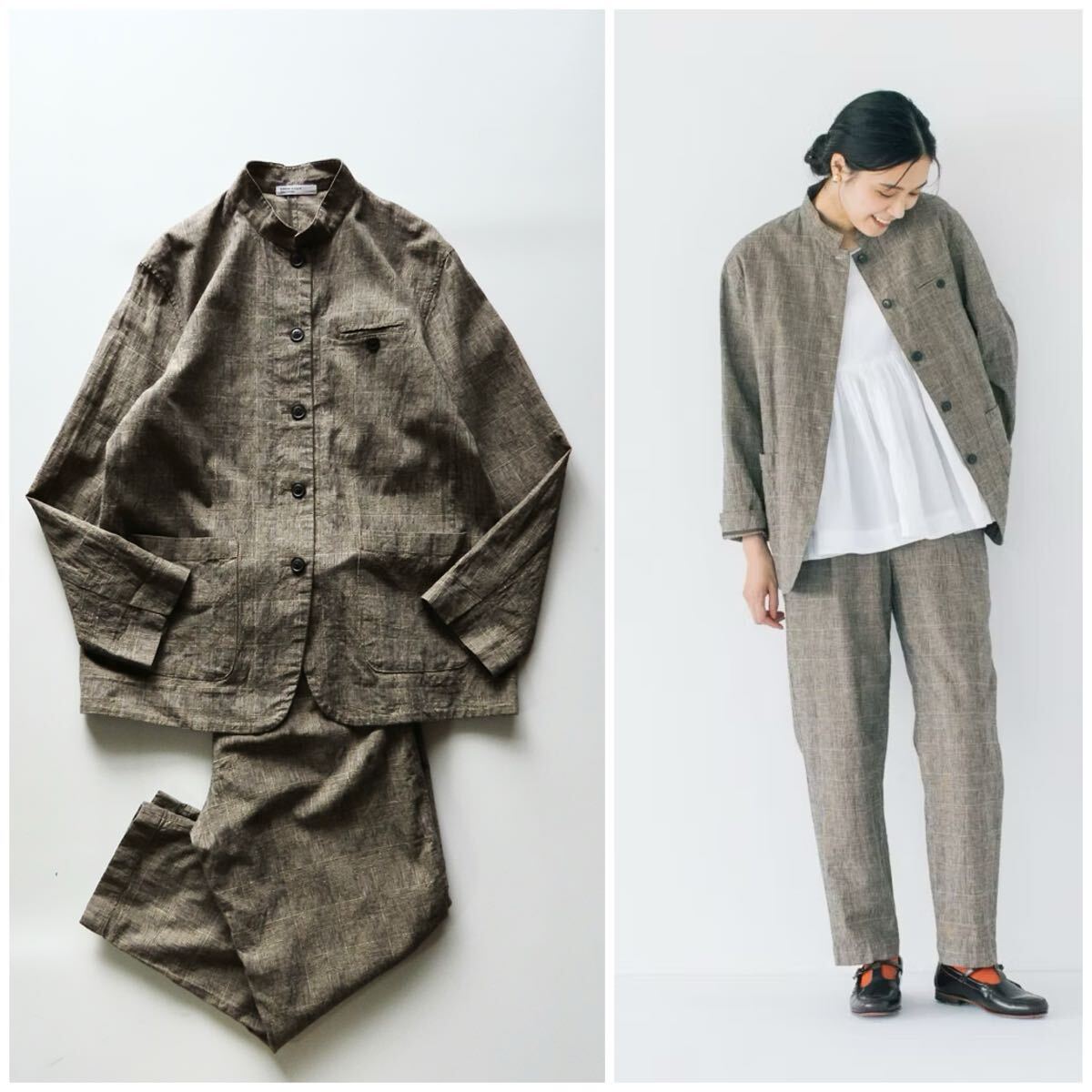 北欧、暮らしの道具店 KURASHI&Trips PUBLISHING コットンリネンのジャケット パンツMサイズ グレンチェック セットアップ 秋いちボトムス拍卖