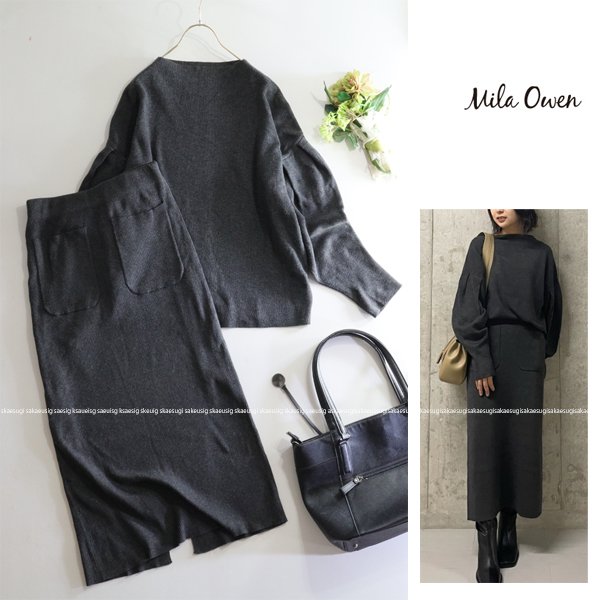 ミラオーウェン Mila Owen★大人可愛い♪タックスリーブニットプルオーバー&タイトニットスカート セットアップ拍卖