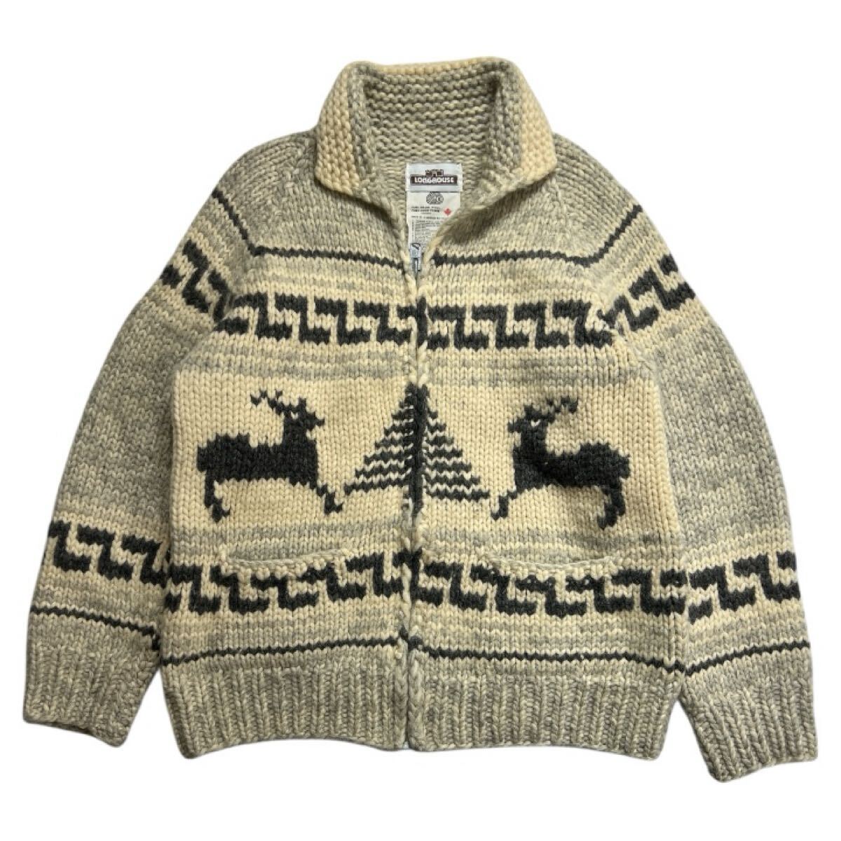 90s ヴィンテージ カナダ製 ■ LONGHOUSE ロングハウス ■ トナカイ×ツリー 編み柄 ウール ニット カウチンセーター アイボリー×グレー拍卖