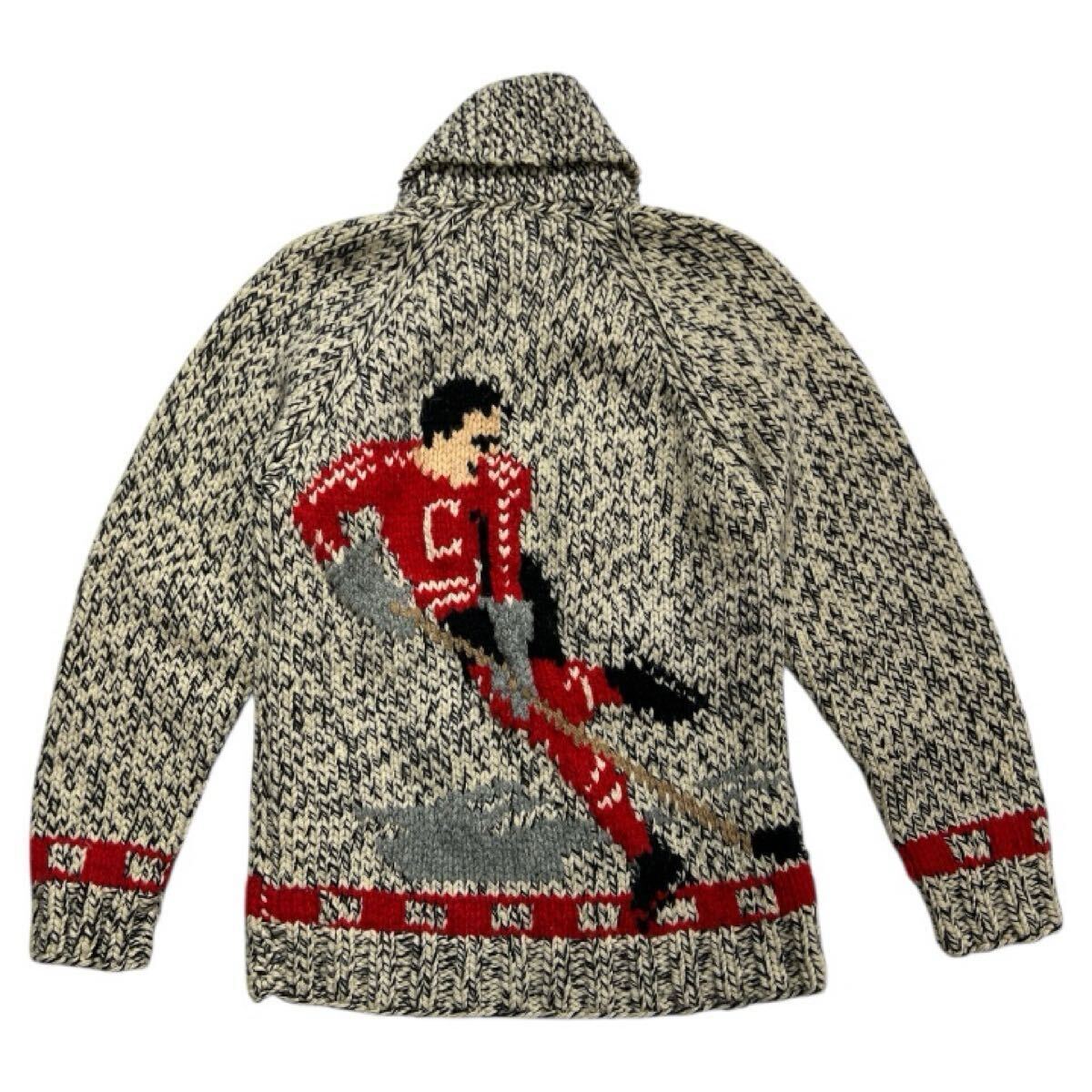 60s ヴィンテージ ■ ブランド不明 ■ アイスホッケー 編み柄 ジップアップ ウール ニット カウチン セーター オフホワイト×ブラック拍卖