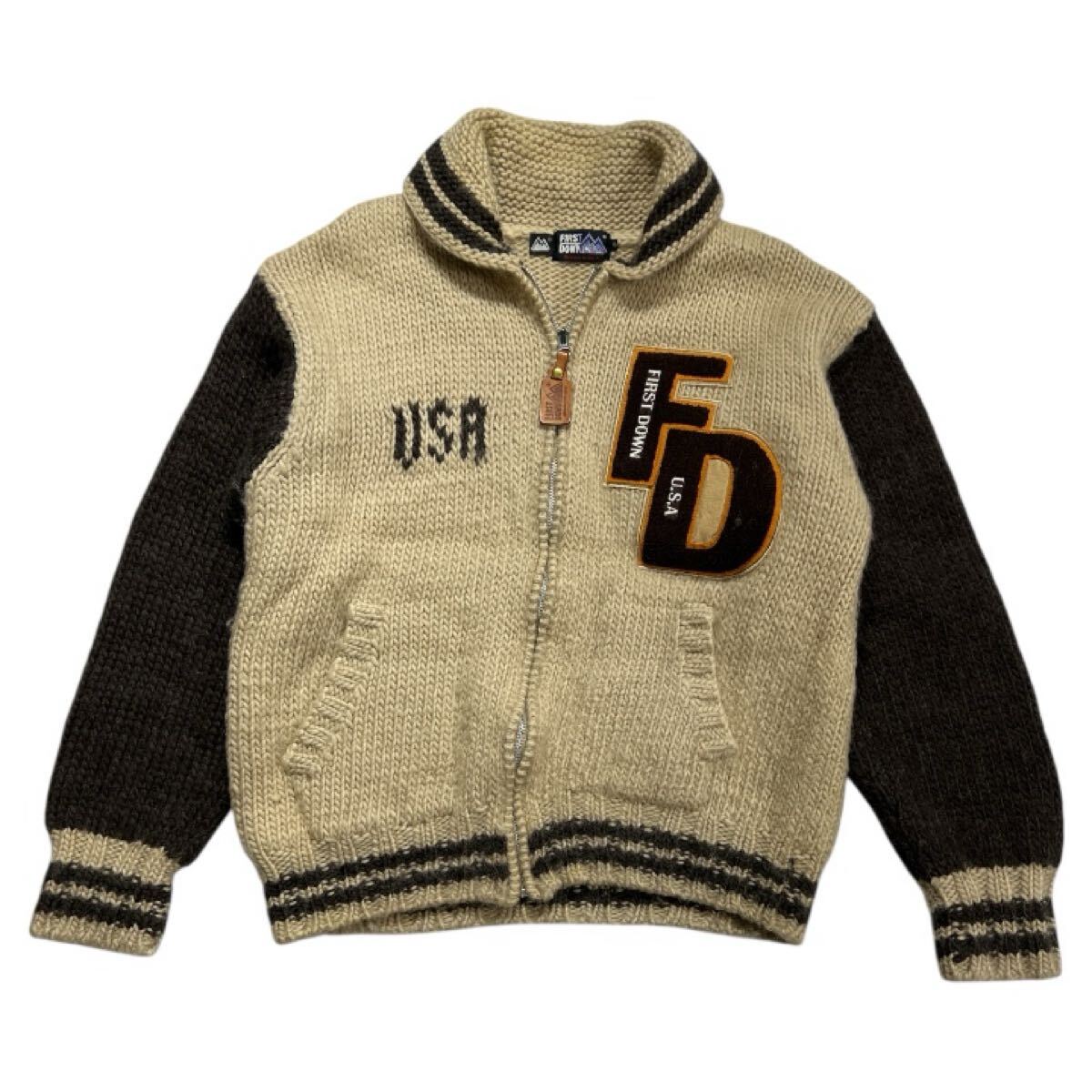 90s ヴィンテージ ■ FIRST DOWN ファーストダウン ■ FD ロゴ ワッペン USA 編み柄 ジップアップ ウール ニット カウチン セーター L拍卖