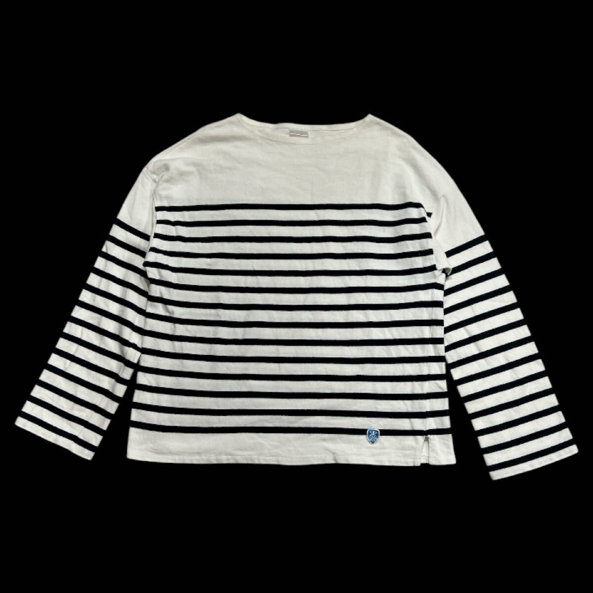 フランス製 ■ ORCIVAL オーシバル ■ 蜂 ロゴ 刺繍 ワッペン ボーダー柄 長袖 バスクシャツ ホワイト×ブラック L拍卖