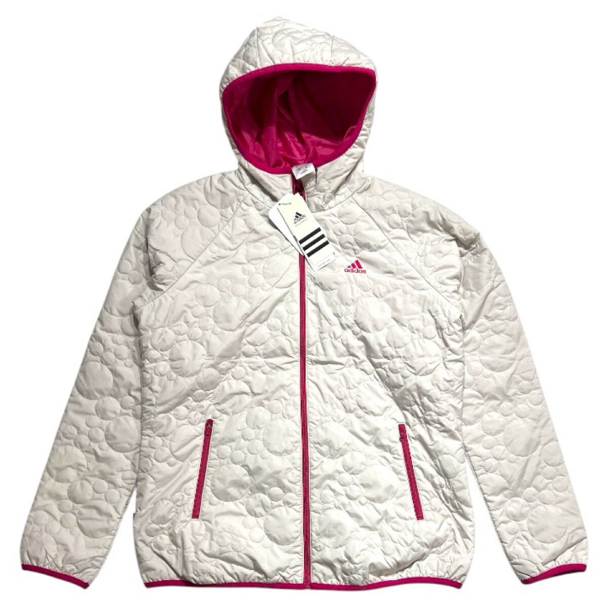 未着用 タグ付 ■ adidas アディダス ■ パフォーマンス ロゴ 刺繍 中綿入 ジップアップ フーディー ジャケット ライトグレー×ピンク OT拍卖