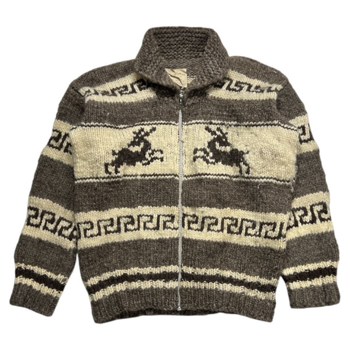 ■ COWICHAN INDIAN カウチン インディアン ■ バンビ 鹿 編み柄 ジップアップ ウール ニット カウチン セーター アイボリー×ブラウン 拍卖