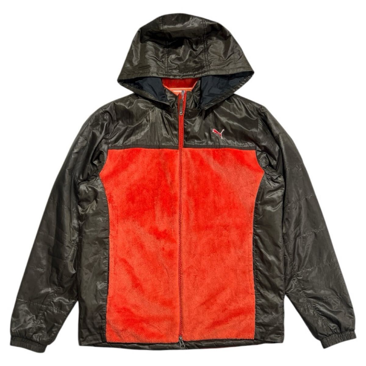 ■ PUMA プーマ ■ ロゴ 刺繍 ボア 切替 着脱可能 フード付 中綿入 ゴルフ ジャケット オレンジ×カーキ O拍卖