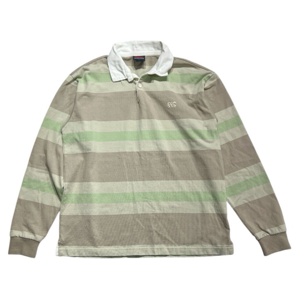 ■ CANTERBURY カンタベリー ■ ロゴ 刺繍 ボーダー柄 長袖 ラガーシャツ ラガシャツ グリーン×グレージュ L拍卖