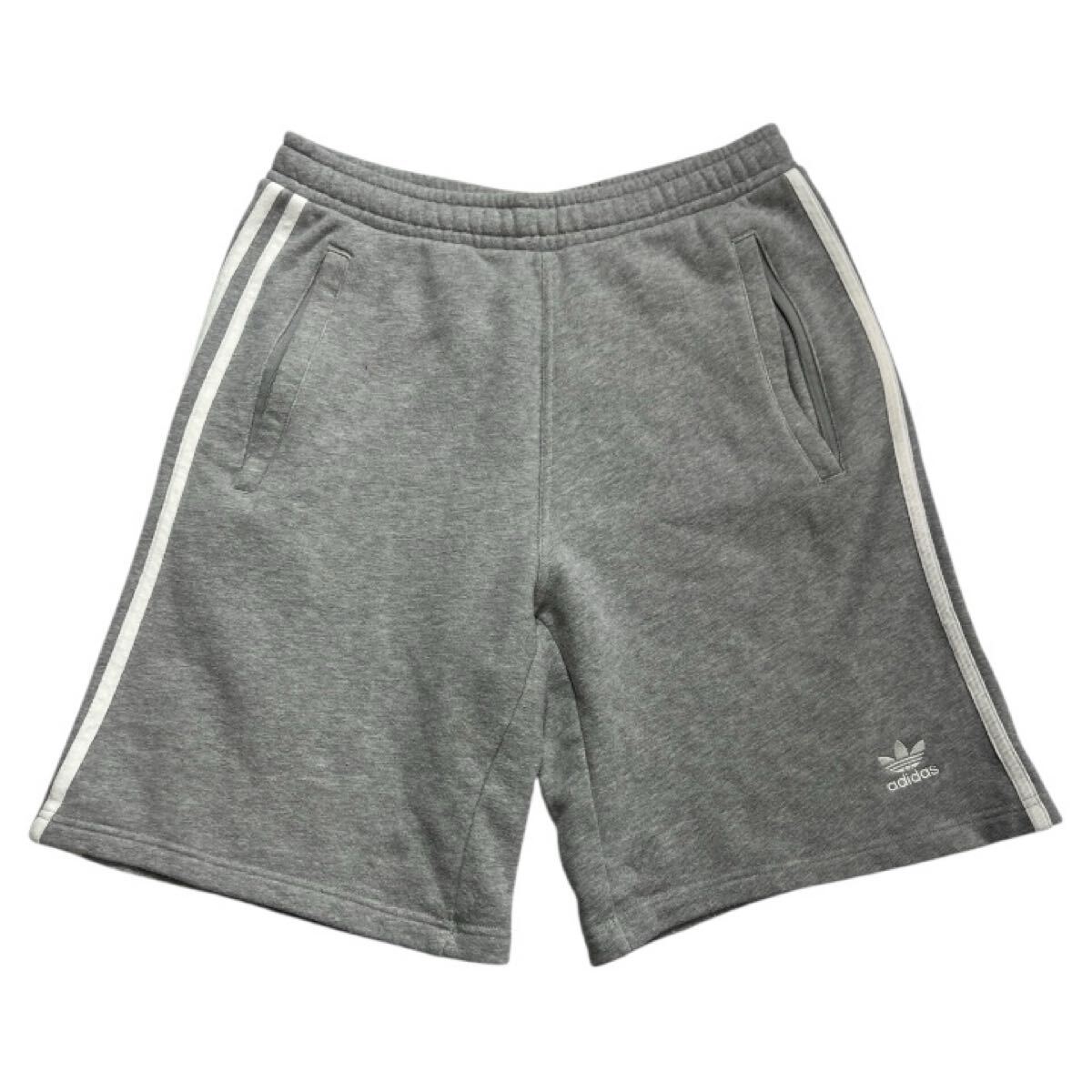 ■ adidas Originals アディダス オリジナルス ■ トレフォイル ロゴ 刺繍 スリーライン ハーフ スウェット パンツ グレー×ホワイト M拍卖