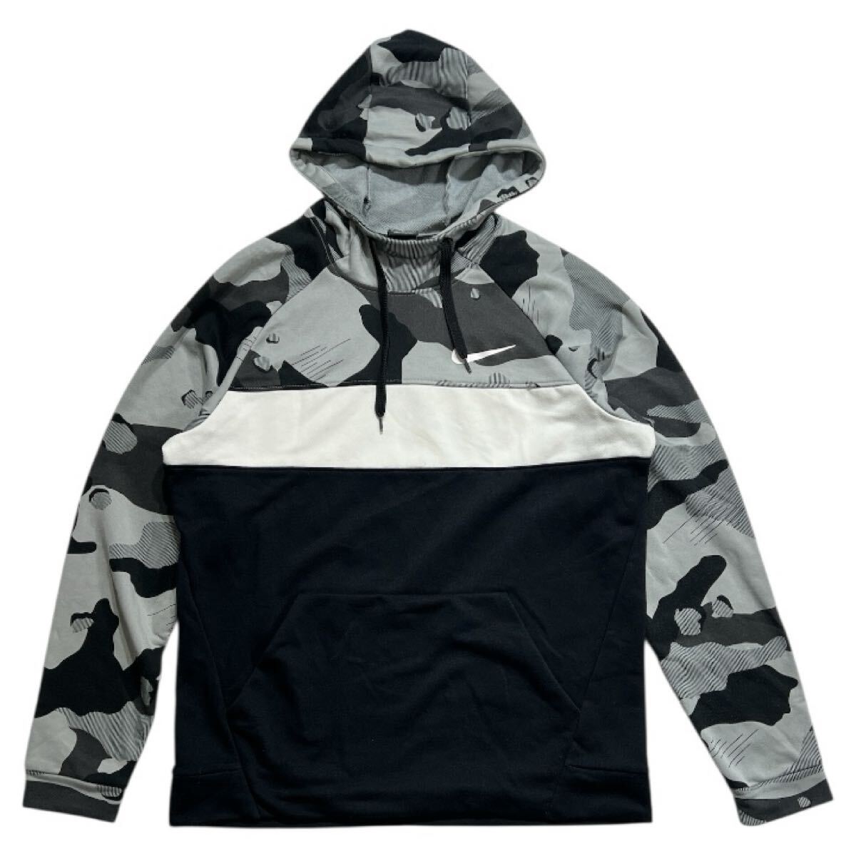 ■ NIKE ナイキ ■ DRI-FIT ビッグ スウッシュ ロゴ プリント 刺繍 迷彩 切替 スウェット パーカ グレー×ホワイト×ブラック XL拍卖