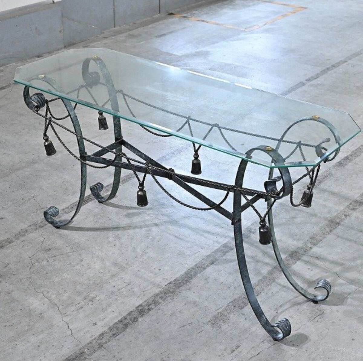 ★アール・ヌーボー様式 フランスビンテージ コンソールテーブル アイアンフレーム ガラストップ カウンター 飾り台 ディスプレイ ラウンジ拍卖