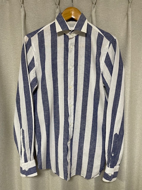 23、新品未使用!GUY ROVER×BEAMS ビームス購入!ストライプ柄 ギローバー リネンシャツ MADE IN ITALY LEON サイズ37 まち付き Sサイズ?拍卖