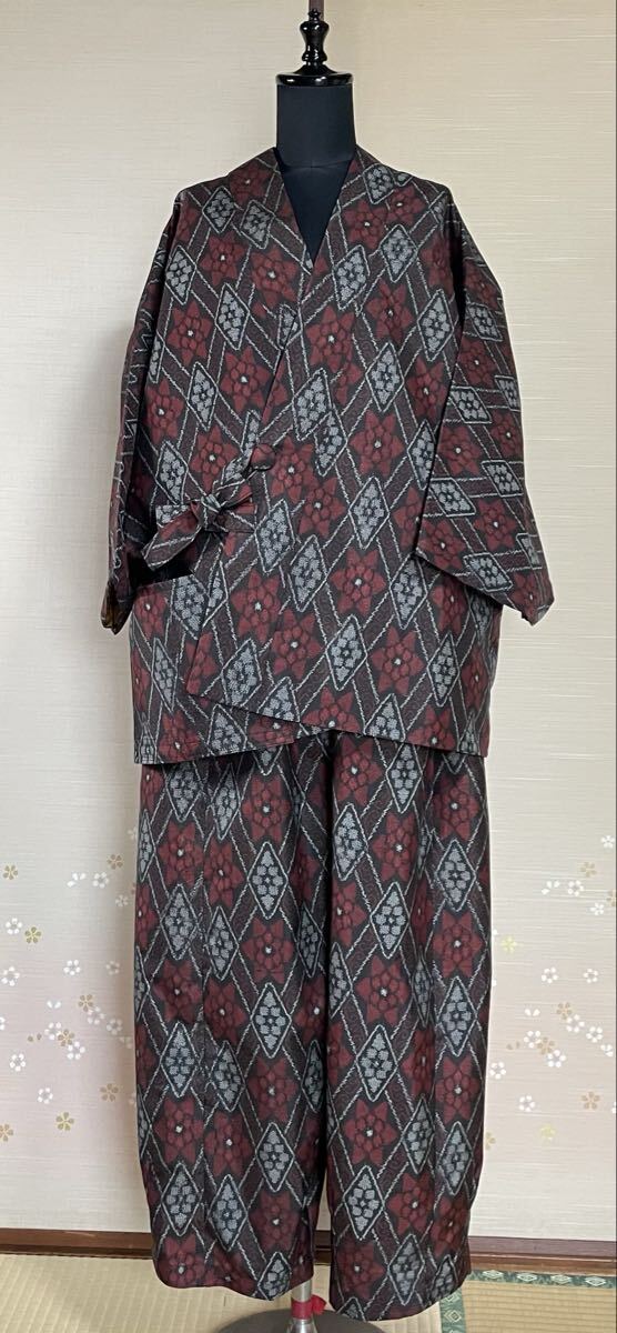 着物リメイク 反物 村山大島のセットアップ 作務衣 上衣 半天 パンツ フリーサイズ拍卖