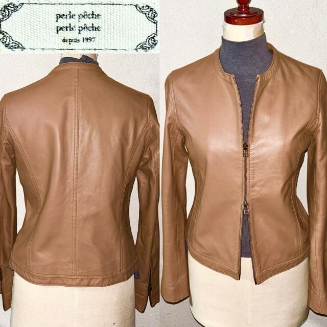 即落 送料無料 美品 perie peche 高級 柔らか 羊革 ラム レザー ジャケット ライダース 38 ベージュ ブラウン コートアウター シンプル 系拍卖