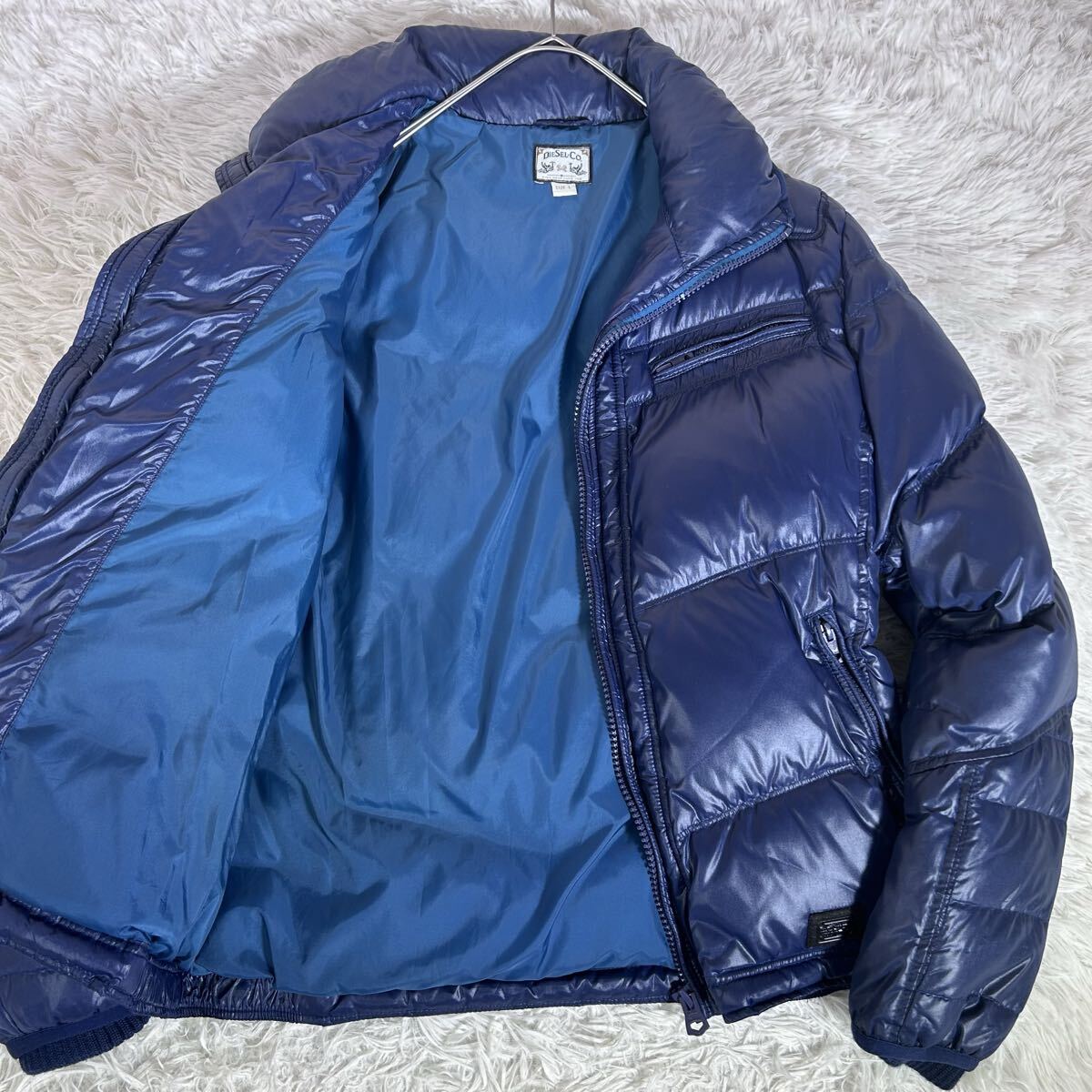 【美品】DIESEL ディーゼル キルティングダウンジャケット ライダースデザイン ナイロン 肉厚 軽量 L〜XLサイズ相当 ネイビーブルー メンズ拍卖