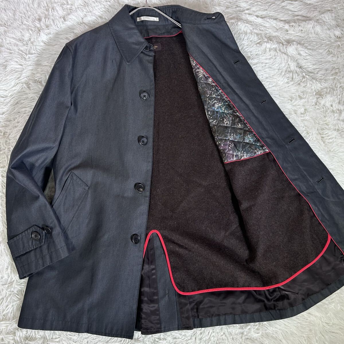 Paul Smith COLLECTION ポールスミスコレクション ステンカラーコート ウール地中綿ライナー付 総柄 Mサイズ ダークグレー メンズ ビジネス拍卖