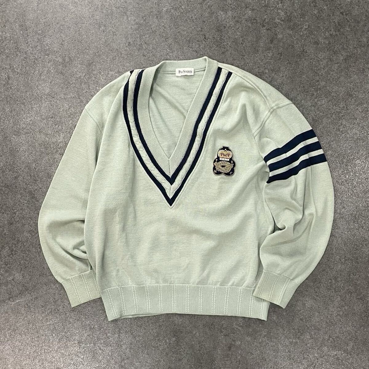 日本製 90s PIA SPORTS ピアスポーツ ライカ チルデン コットン ニット セーター Vネック ワッペン 刺繍 ミント系 ヴィンテージ メンズ拍卖