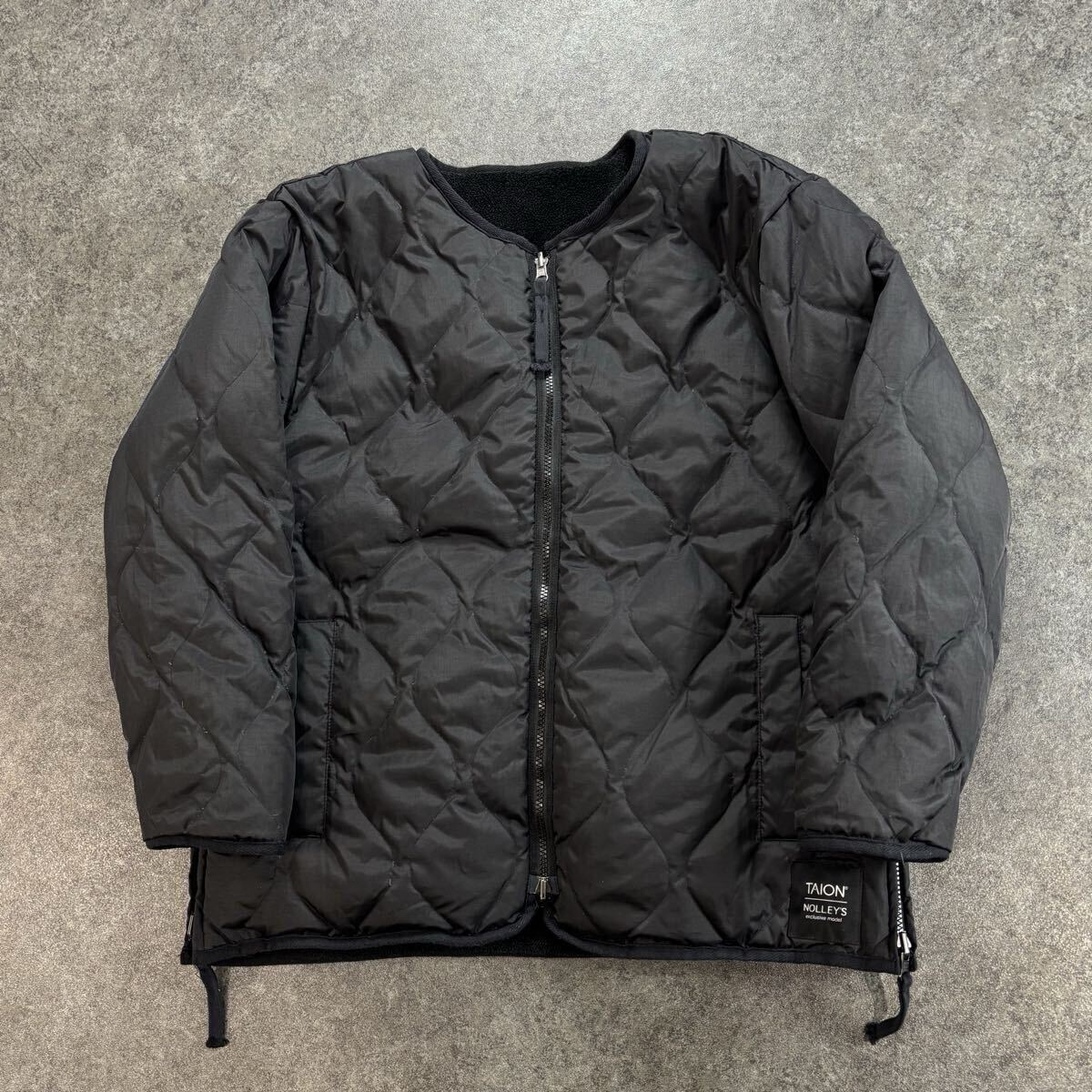 TAION NOLLEY'S タイオン 体温 キルティング ダウン ボアフリース ジャケット カーディガン リバーシブル ノーカラー ブラック 黒 メンズ拍卖