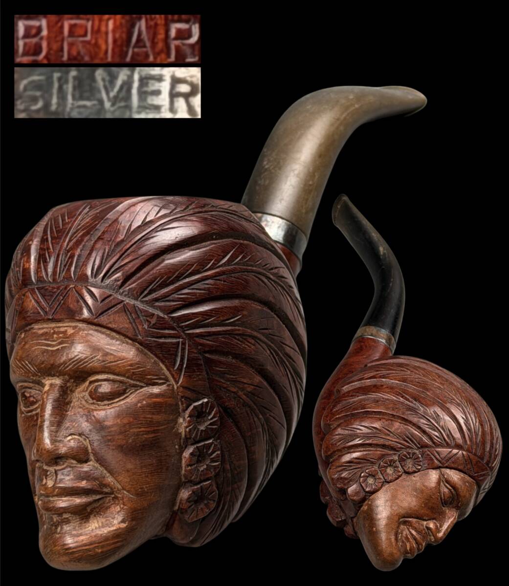【偲】BRIAR SILVER シルバー 木彫り 古いパイプ タバコ 時代物 煙管 パイプ 喫煙具 t-297拍卖