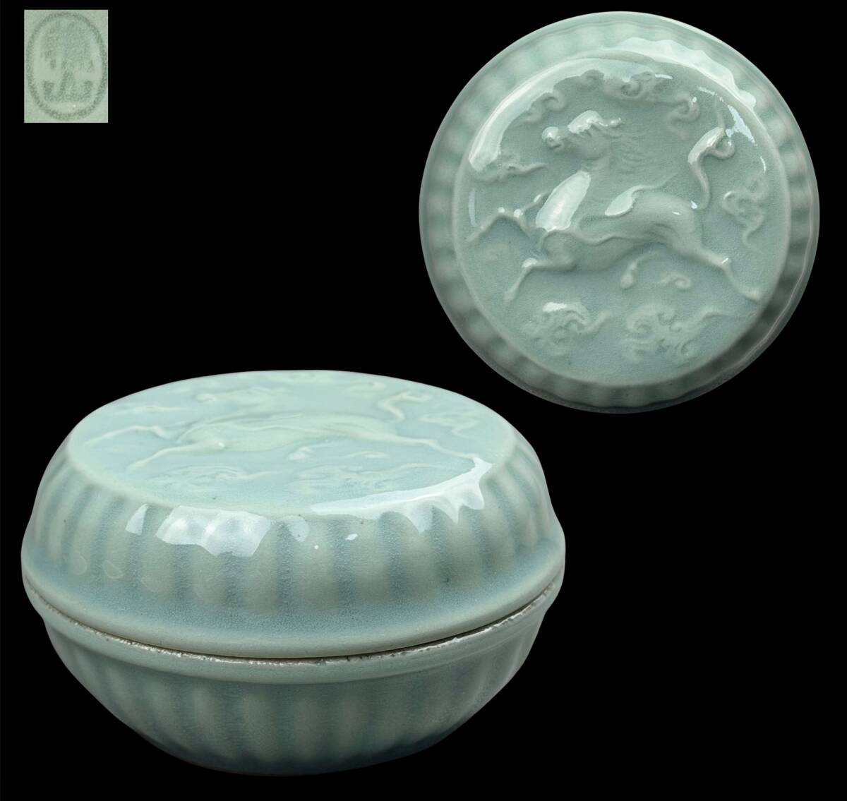 【偲】初代諏訪蘇山 青瓷麒麟図香合 香合 小物入れ 青磁 飾り物 煎茶道具 香道具 装飾品 高約3.5㌢ e-37拍卖