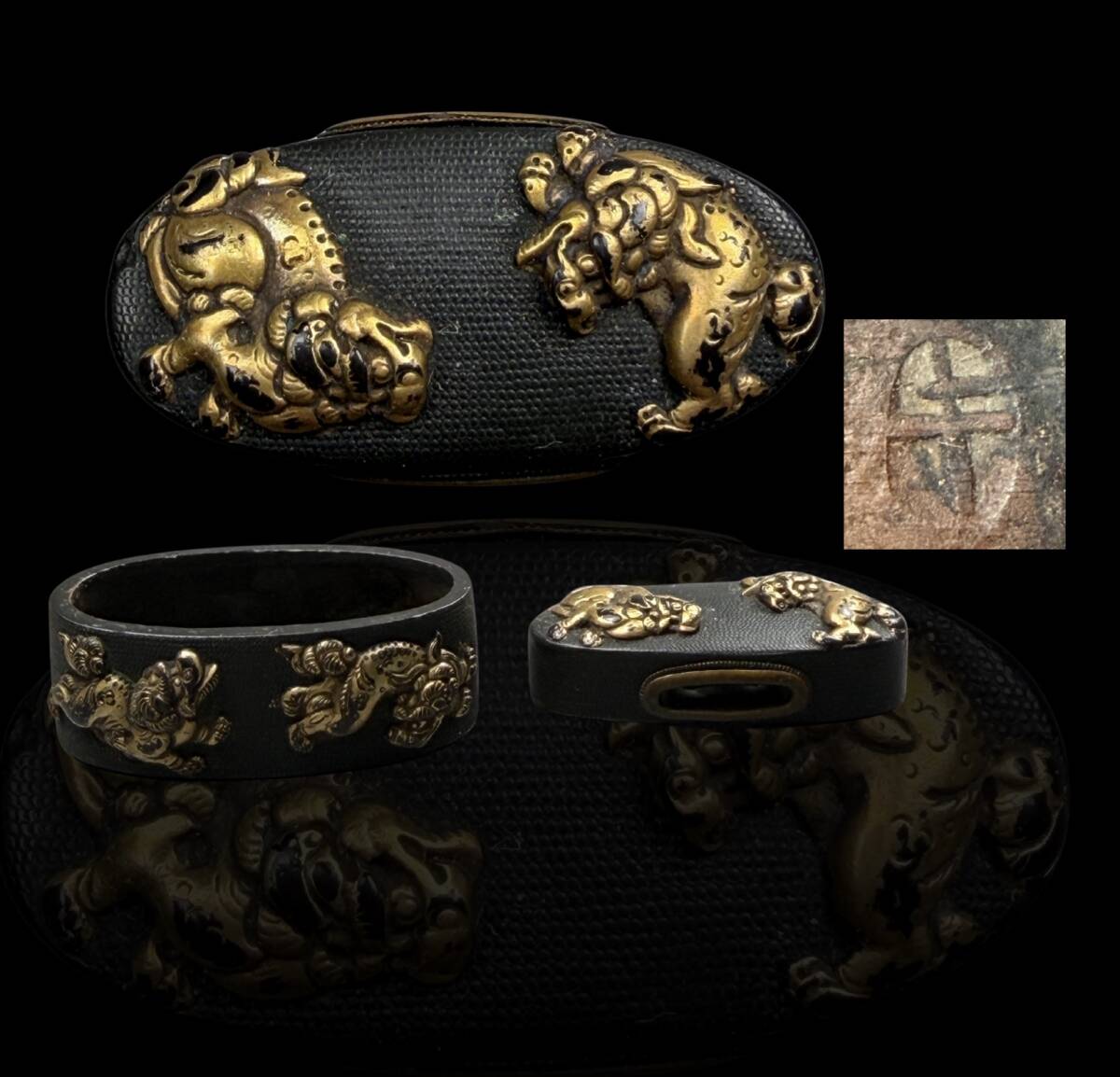 【偲】キ 在銘 獅子高彫据紋色絵 縁頭 縁金 刀装具 日本刀 r-1081拍卖