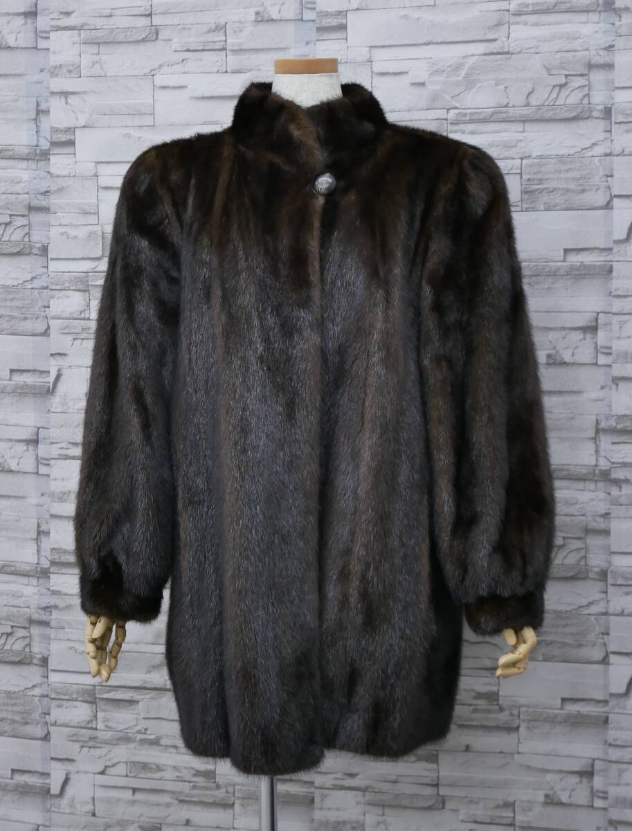 ☆ダークミンク☆セミロングコート☆着丈82cm☆SAGAシルバー☆襟元ボタン付き☆サイズ16号☆拍卖