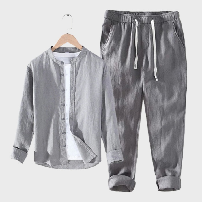 セットアップ メンズ リネンセット 麻 長袖シャツ 夏用 サマー上下セットアップ リネンシャツ ロングパンツ Zty-5601 グレー M拍卖