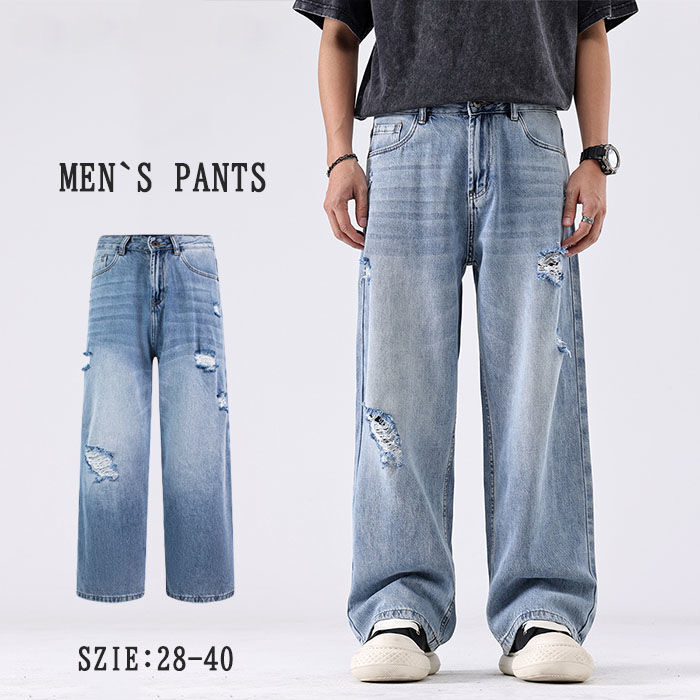 デニムパンツ メンズ バギーパンツ 綿生地 ワイドパンツ ゆったり ジーンズ ダメージ加工 ビッグシルエット Zty-5889 W36拍卖