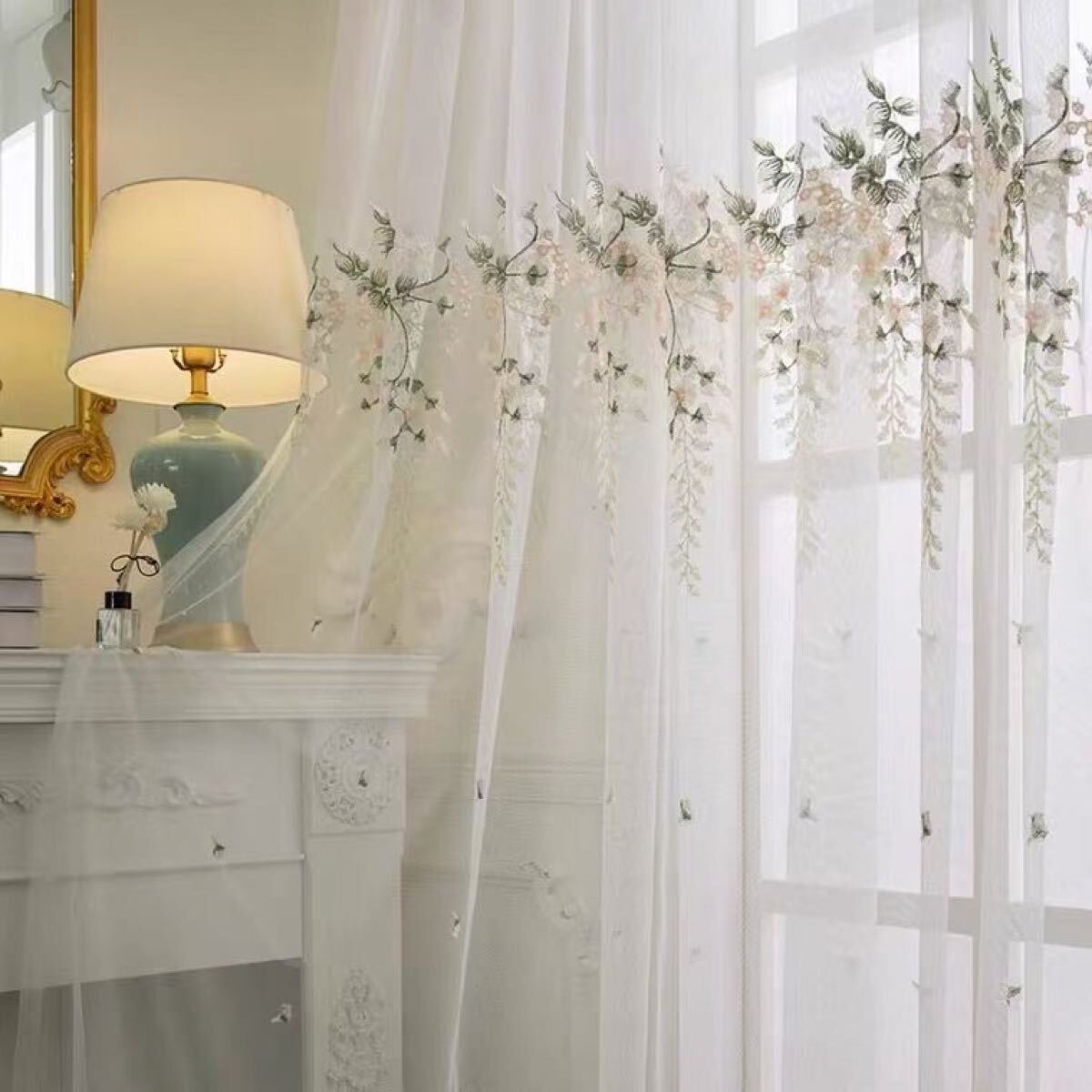 レースカーテン 刺繍 フックタイプ 花柄 可愛い エレガント ホームデコレーション 丈220cm幅150cm 2枚セット 両開き 白拍卖
