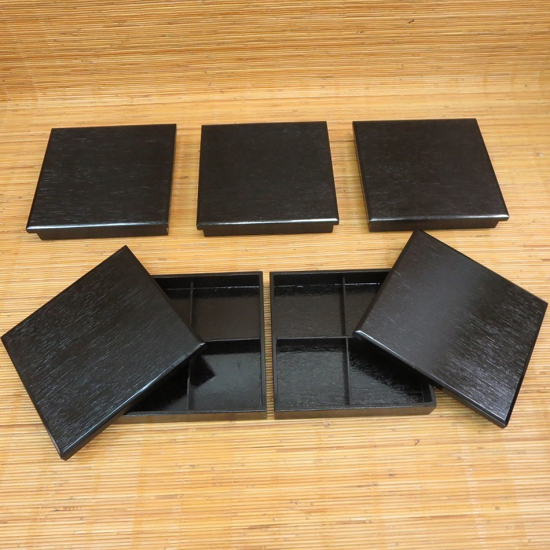 ◇松花堂弁当5客 黒筋目塗り 木製漆器 26×26×高5cm◇会席料理 茶道具 和食器◇10拍卖