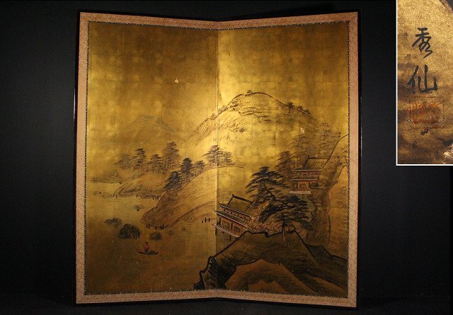 【模写】☆吉宗☆秀仙筆 人物山水図 二枚折金屏風 高さ約174.2cm NO.2 (検)パーティション 間仕切り 催事拍卖