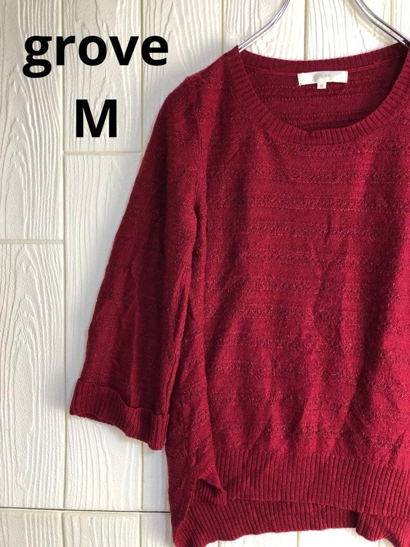 grove 赤色 長袖ニットセーター 52cm 着丈 Mサイズ拍卖