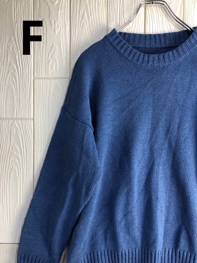 青 クルーネック ニットセーター 長袖 着丈58cm Fサイズ拍卖