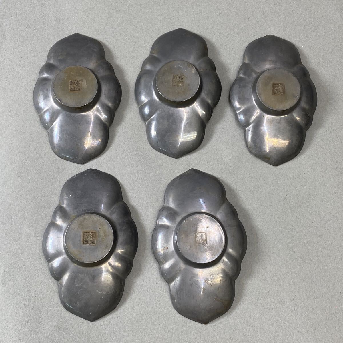 Ok1 唐物 乾茂號造 古錫 茶托 五客 剣木瓜型 煎茶道具 中国美術 日本 骨董品 美術品 古美術 中国古玩 時代物拍卖