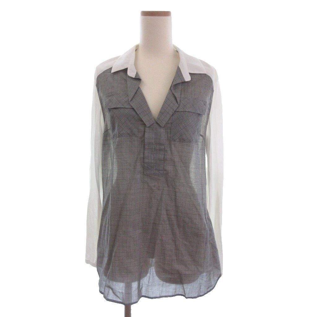 未使用品 エーティー アツロウタヤマ A/T タグ付き 切替シャツ カットソー 長袖 チェック 開襟 オープンカラー 白 ホワイト 38 レディース拍卖