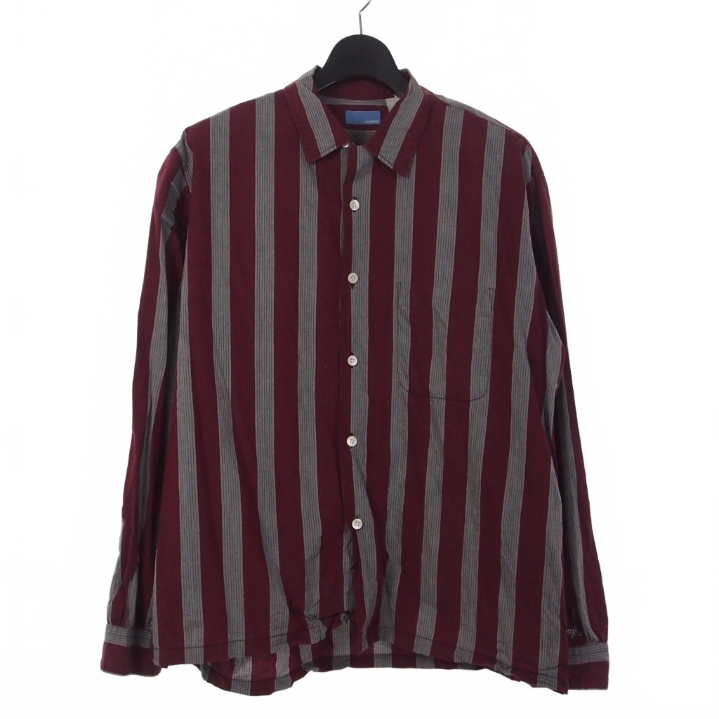 グッドイナフ GOODENOUGH 90s ストライプ オープンカラー シャツ 長袖 袖ロゴ刺? ボルドー グレー メンズ拍卖
