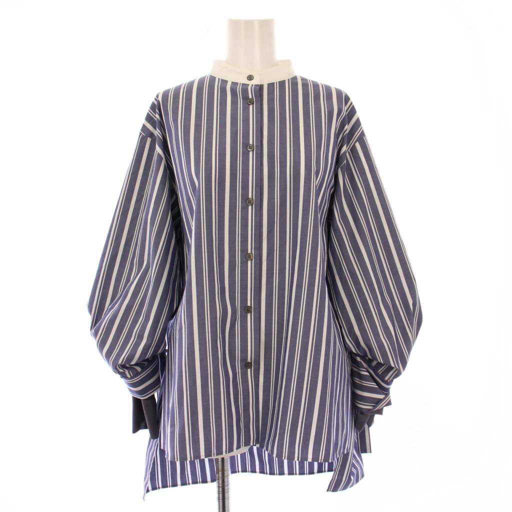 アドーア ADORE マルチストライプシャツ ブラウス 長袖 バンドカラー ウール バイカラー 38 青 ブルー 白 ホワイト 5312110103拍卖