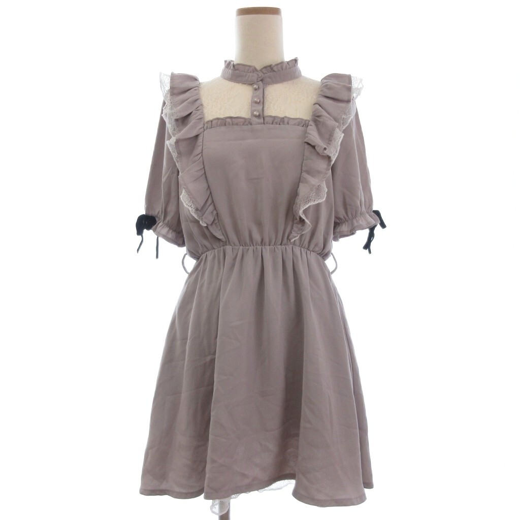 ロジータ ROJITA ワンピース ミニ フレア パフスリーブ 半袖 レース リボン フリル F グレージュ ■FF レディース拍卖