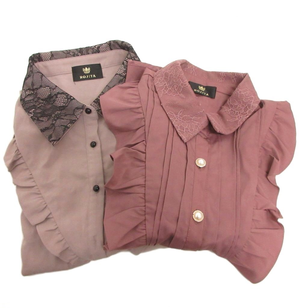 ロジータ ROJITA 2点 セット まとめ ブラウス シャツ フリル パフスリーブ 半袖 レース フェイクパールボタン F ベージュ系拍卖