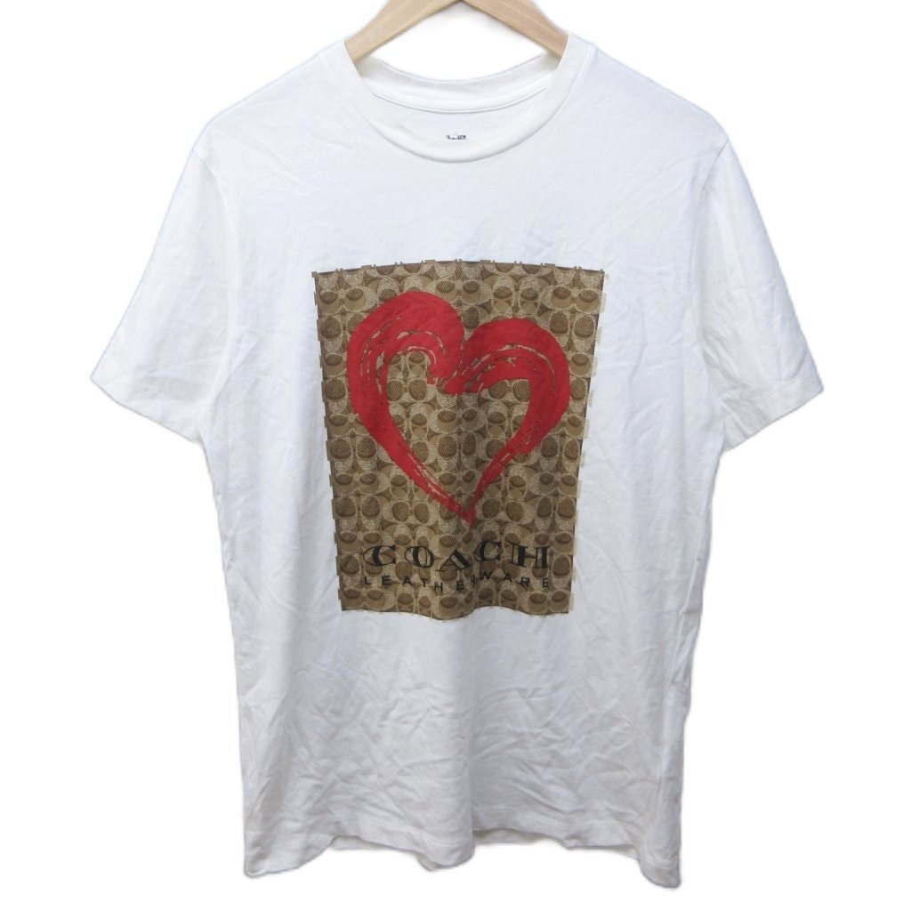 コーチ COACH LEATHERWARE Tシャツ カットソー シグネチャー ロゴ ハート プリント クルーネック 半袖 S 白 ホワイト IBO83 1109拍卖