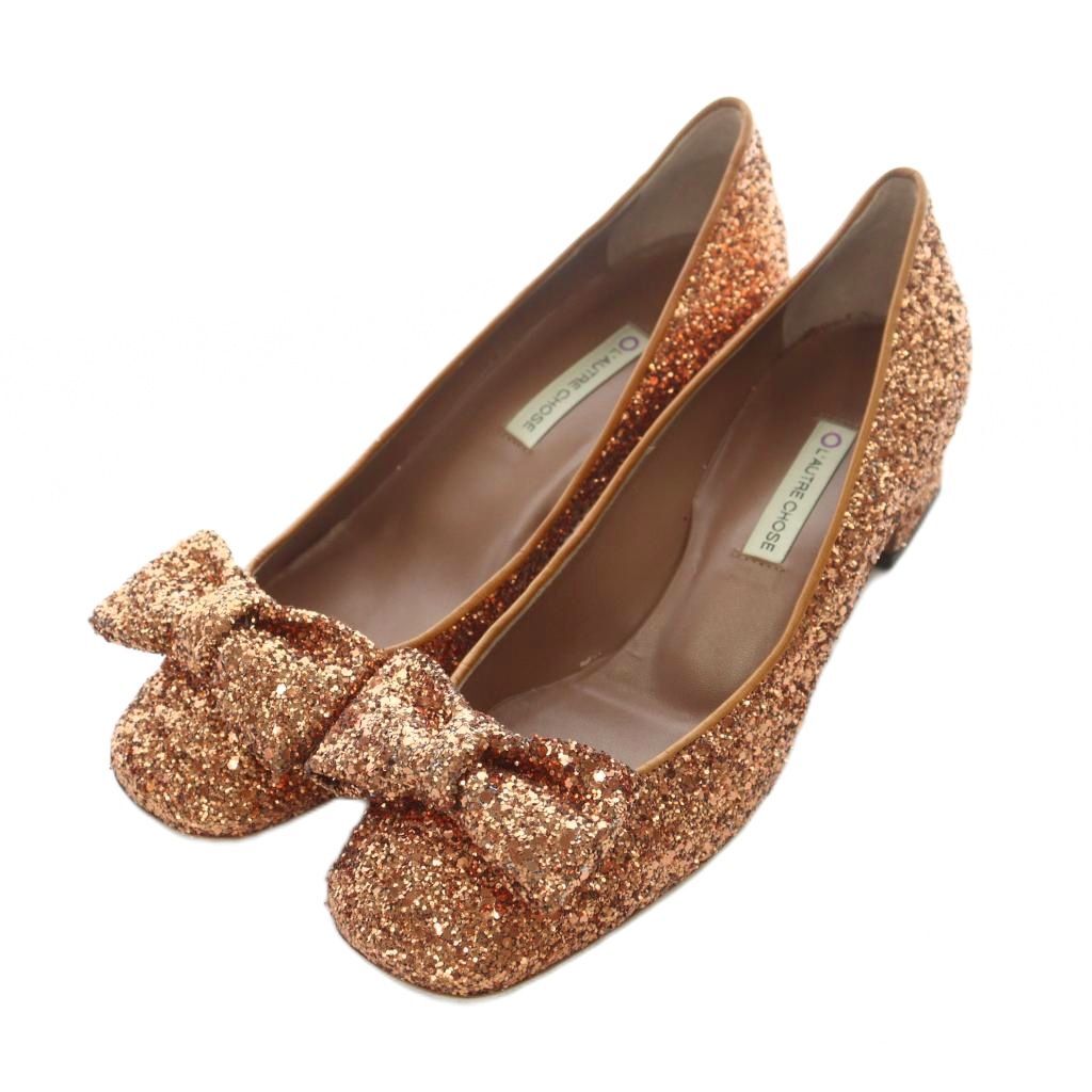 ロートレショーズ L'Autre Chose リボングリッター パンプス レザー 本革 38 24cm オレンジ リボン /RI ■OS レディース拍卖