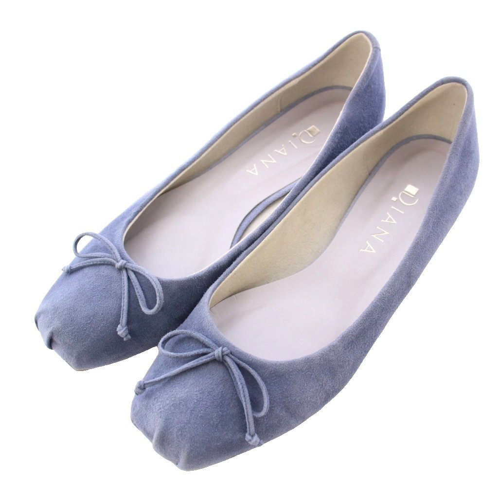 ダイアナ DIANA バレエシューズ パンプス スクエアトゥ ローヒール スエード リボン 24cm 青 ブルー /BB レディース拍卖