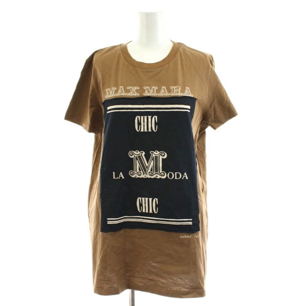 マックスマーラ MAX MARA 70周年記念 Tシャツ カットソー 半袖 ロゴ プリント 黒 ブラック 茶 ブラウン /AN32 レディース拍卖