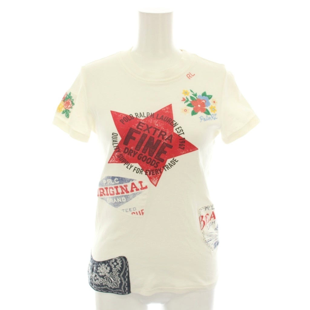 ポロ ラルフローレン POLO RALPH LAUREN Tシャツ カットソー クルーネック 半袖 花柄 刺繍 ロゴプリント S P 白 211863313001 レディース拍卖