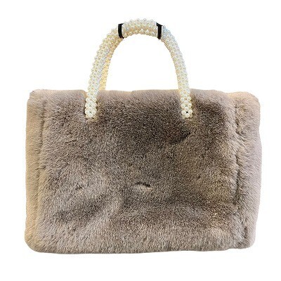 エムズグレイシー M'S GRACY 美品 ファー ハンドバッグ スクエア ビジュー 無地 グレー拍卖