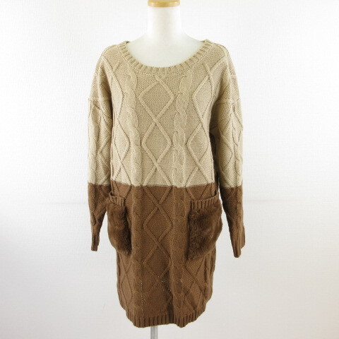 セシルマクビー CECIL McBEE ニットワンピース ミニ 長袖 フェイクファー ベージュ 茶 M *T815 レディース拍卖