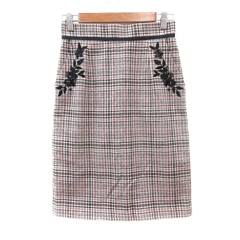 アプワイザーリッシェ Apuweiser-riche タイトスカート ひざ丈 グレンチェック 刺繍 ビーズ ウール 2 M ピンク /MN レディース拍卖